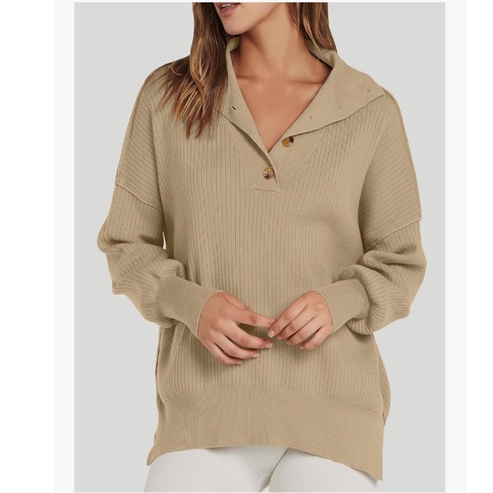 Women's Relaxed Long Sleeve Lapel Collar Sweater Small - Picture 2 of 10